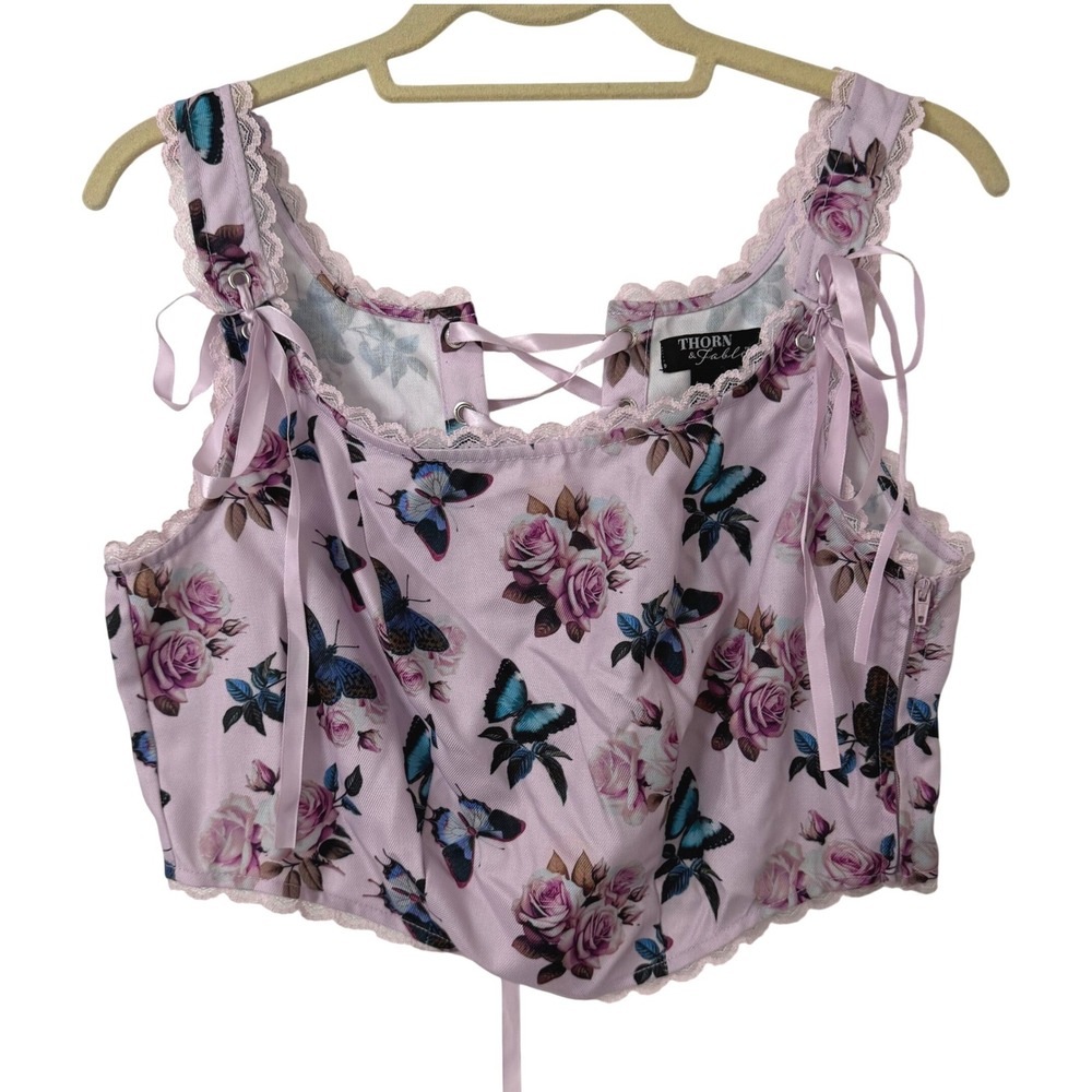 Thorn & Fable Butterfly Floral Lace Up Corset Crop Top M Purple Coquette Kawaii